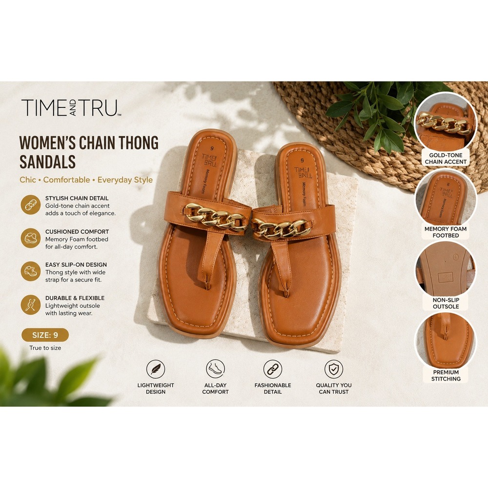 Time and Tru Womens Cognac Bn Chain Link Square Toe Memory Foam Sandals Size 9